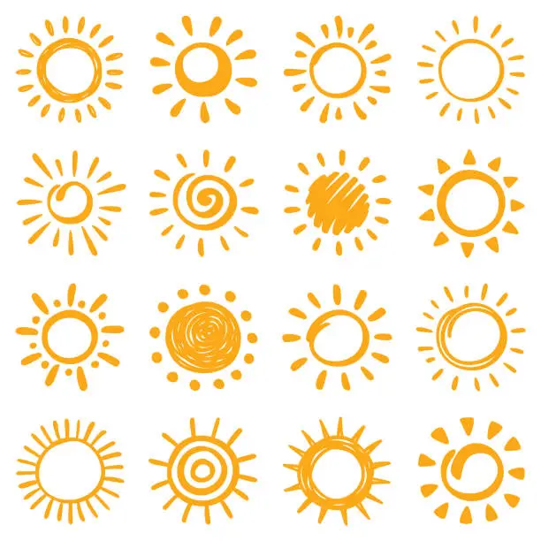 Vector illustration of Sun icons set. Hand drawn illustration