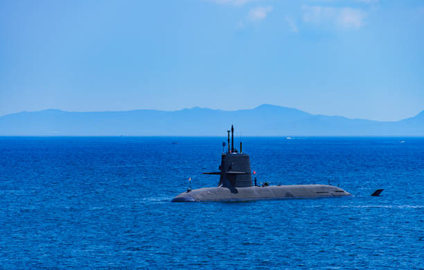 3D rendering of a nuclear submarine half-submerged in the sea.