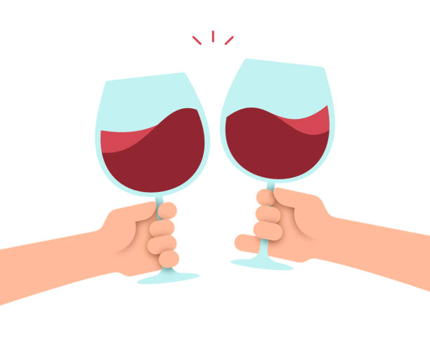 Drinking Wine Wine tasting celebratory wine drinking toast with alcoholic drinks and glasses. wine tasting stock illustrations