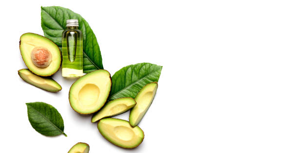 istock Avocado oil concept, flat lay composition with blank space for a text 1158011132