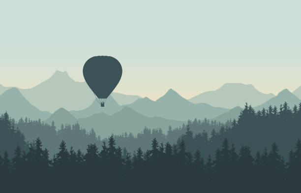Realistic illustration of landscape with coniferous forest with pine trees under morning green sky. Flying hot air balloon. With space for your text - vector Realistic illustration of landscape with coniferous forest with pine trees under morning green sky. Flying hot air balloon. With space for your text - vector journey silhouettes stock illustrations
