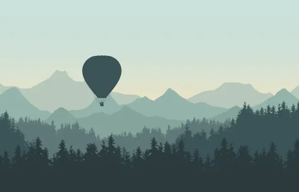 Vector illustration of Realistic illustration of landscape with coniferous forest with pine trees under morning green sky. Flying hot air balloon. With space for your text - vector