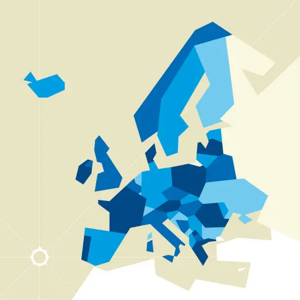 Vector illustration of Europe restricted map. Only poligons in blue tones.