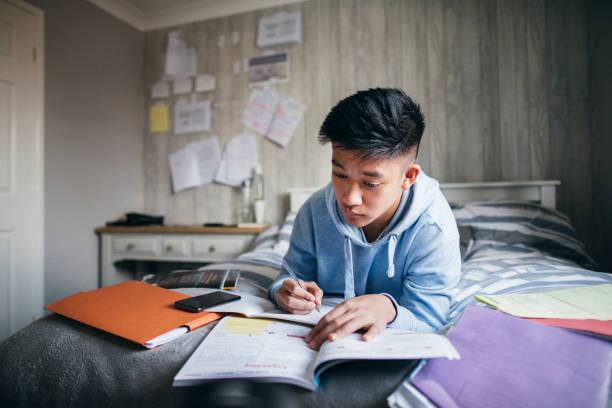 Preparing for Exams Teenage boy lying on his bed while concentrating on homework for his exams. one teenage boy only stock pictures, royalty-free photos & images