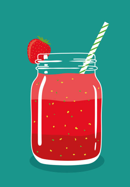 ilustrações de stock, clip art, desenhos animados e ícones de red layered berry smoothie in mason jar with strawberry and swirled straw. vector hand drawn illustration. - vitality food food and drink berry fruit