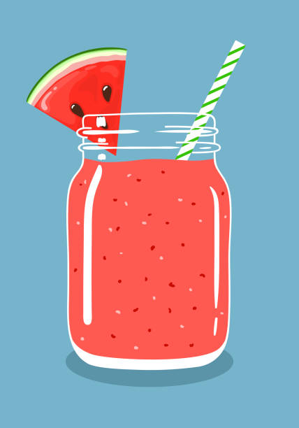 illustrazioni stock, clip art, cartoni animati e icone di tendenza di frullato di anguria in barattolo di muratore con fetta di anguria e paglia vorticosa. illustrazione vettoriale disegnata a mano. - watermelon melon fruit juice