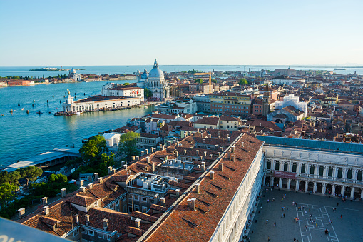 Editorial. June 2019. View of Venice, the lagoon, the Dorsoduro district and The Museo Correr from the St Mark's Campanile is the bell tower of St Mark's Basilica in Venice, Italy, located in the Piazza San Marco.