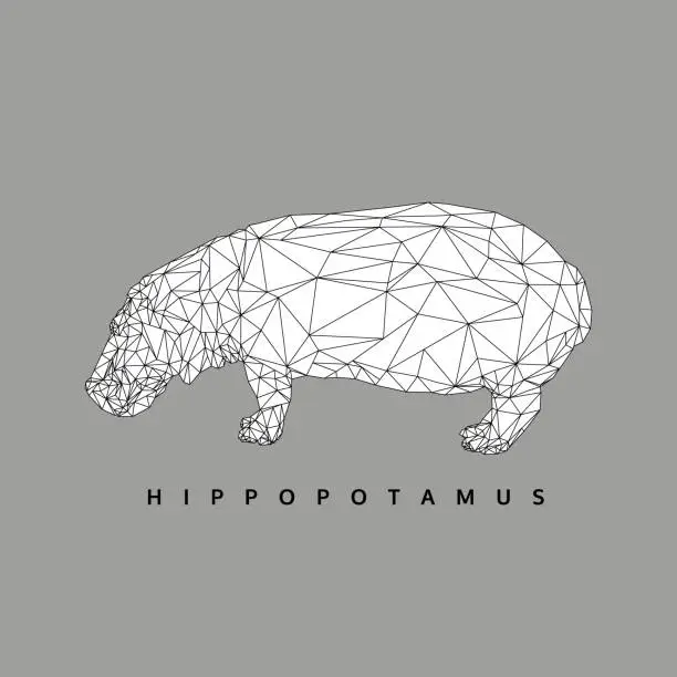 Vector illustration of black and white polygonal hippopotamus, polygon abstract geometric animal, hippo vector editable stroke, illustration
