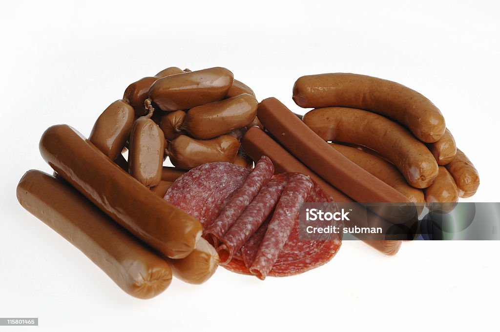 Assorted meat Selection of different meats on isolated white background. Buffet Stock Photo