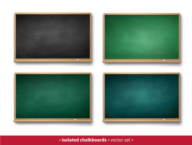 Set of black and green horizontal chalkboards Vector illustration set of black and green horizontal chalkboards with wooden frames with piece of chalk and shadow isolated on white background. chalkboard visual aid illustrations stock illustrations