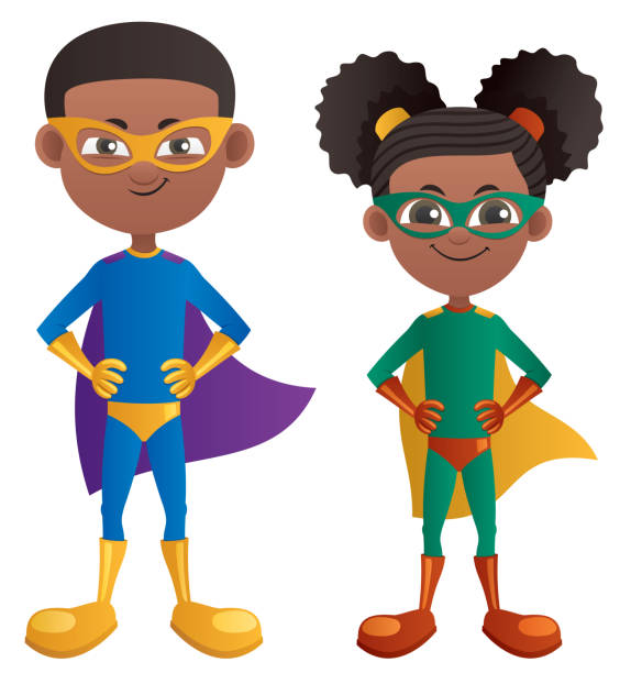 Super Kids Black Illustration of cartoon superhero boy and superhero girl. superhero clip art stock illustrations