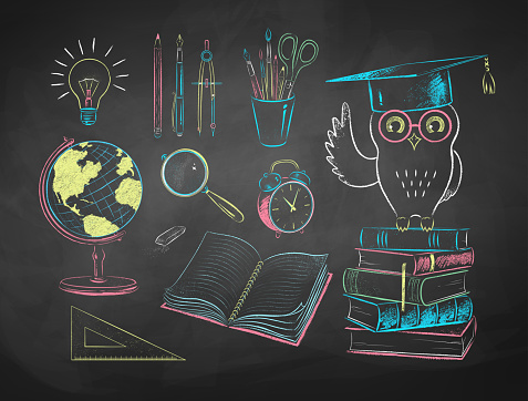 Vector collection of color chalk drawn  illustrations of education items on chalkboard background.