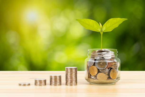 istock Coin glass jar container and stack on wooden desk, saving concept, on green tree background 1158019518