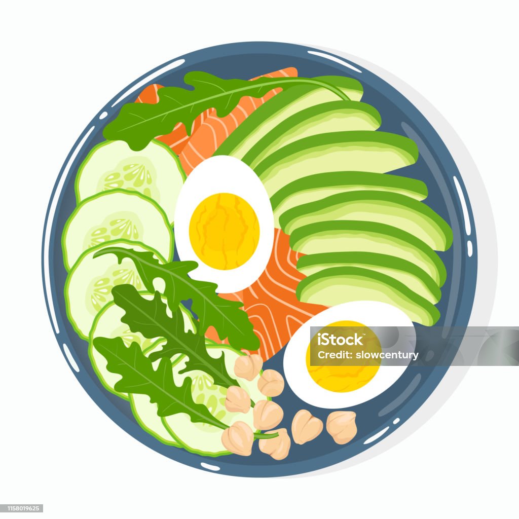 Buddha bowl with avocado, salmon, cucumber, eggs, chickpeas, rucola, isolated. Top view. Vector hand drawn illustration. - Royalty-free Alimentação Saudável arte vetorial