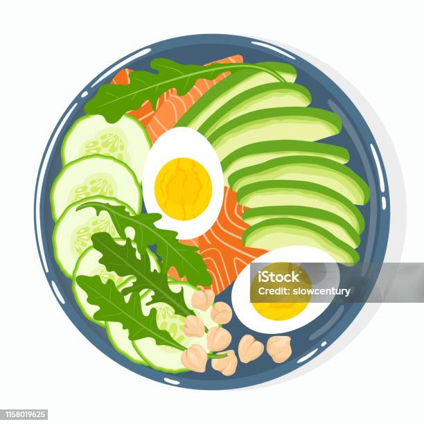 Buddha Bowl With Avocado Salmon Cucumber Eggs Chickpeas Rucola Isolated Top View Vector Hand Drawn Illustration - Arte vetorial de stock e mais imagens de Alimentação Saudável