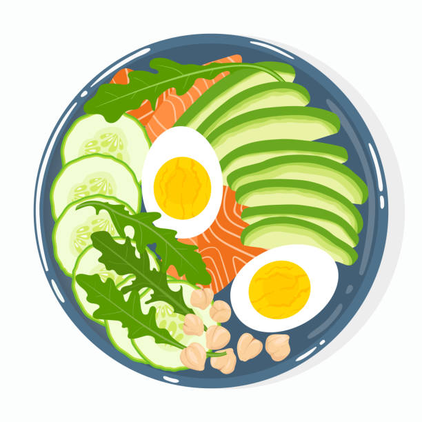 Buddha bowl with avocado, salmon, cucumber, eggs, chickpeas, rucola, isolated. Top view. Vector hand drawn illustration. Buddha bowl with avocado, salmon, cucumber, boiled eggs, chickpeas, arugula, top view, isolated on background. Healthy clean balanced natural vegetarian detox meal. Vector illustration. fish in a bowl stock illustrations