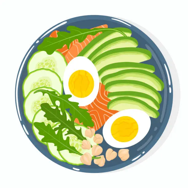 Vector illustration of Buddha bowl with avocado, salmon, cucumber, eggs, chickpeas, rucola, isolated. Top view. Vector hand drawn illustration.