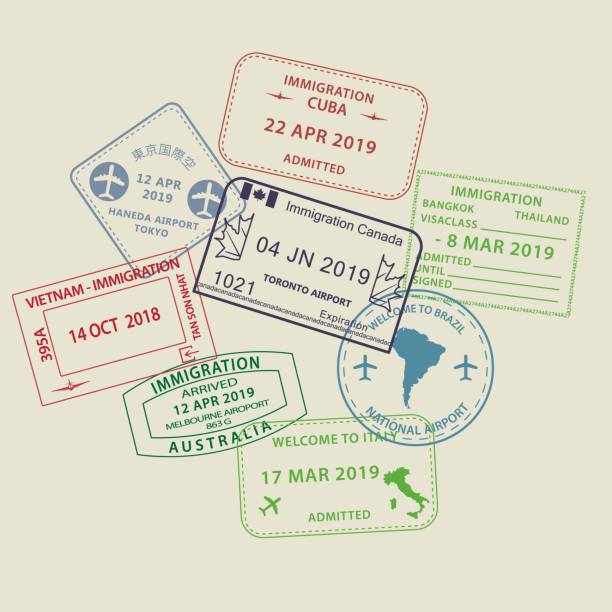 istock Set of Visa passport stamps to different countries 1158019652