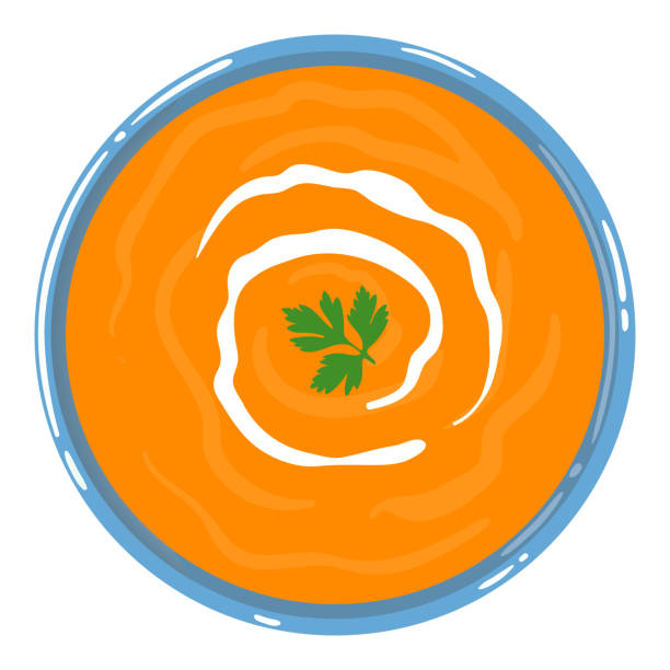 ilustrações de stock, clip art, desenhos animados e ícones de pumpkin soup in a bowl with sour cream and parsley, isolated. top view. vector hand drawn illustration. - butternut squash roasted squash cooked