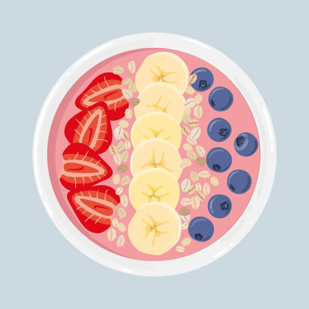 Yogurt smoothie bowl with banana, strawberries, blueberries and oats, isolated. Top view. Vector hand drawn illustration. Yogurt smoothie bowl with banana, strawberries, blueberries, oats, top view. Healthy natural breakfast. Portion of acai smoothie yogurt with fruits in bowl isolated on background. Vector illustration. smoothie stock illustrations