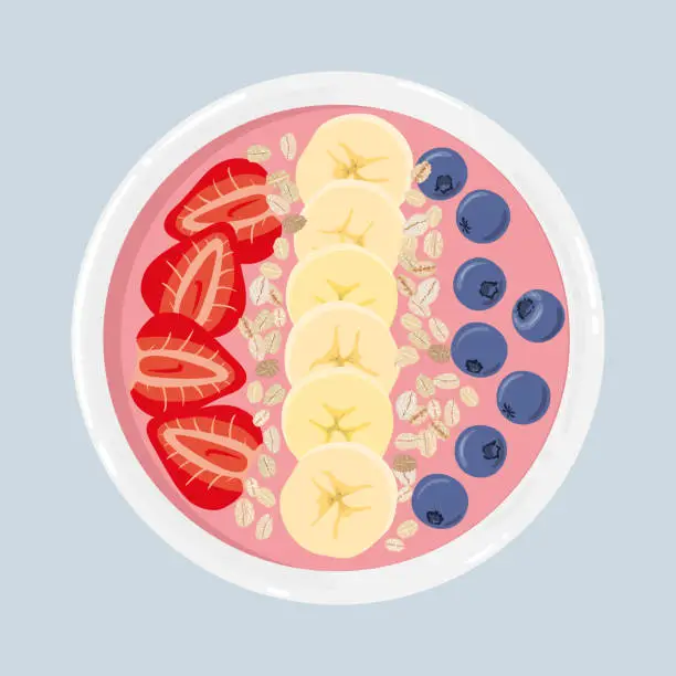 Vector illustration of Yogurt smoothie bowl with banana, strawberries, blueberries and oats, isolated. Top view. Vector hand drawn illustration.