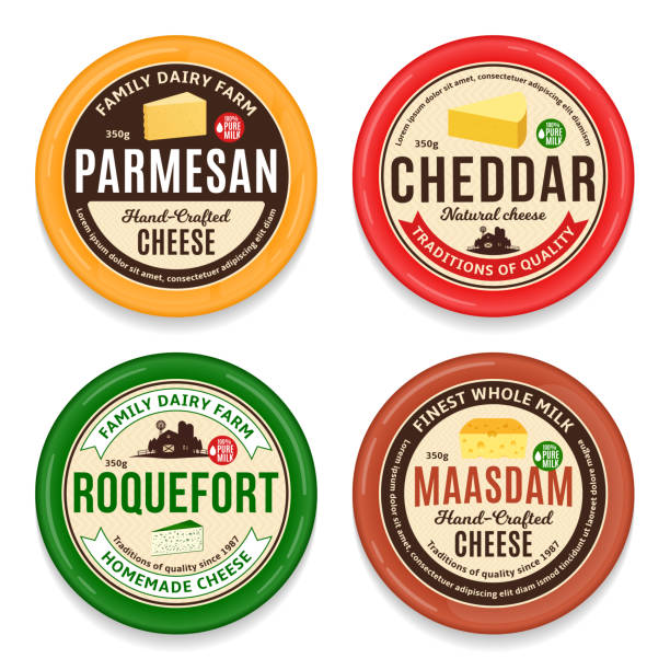 Vector cheese round labels and icons Vector cheese round labels and packaging design templates. Different types of cheese detailed icons. Dairy products illustration for dairies, package and groceries branding. Cow, sheep and goat icons. swiss cheese slice stock illustrations