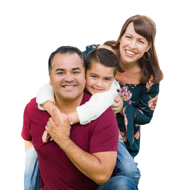 retrato de familia de raza mixta feliz aislado sobre un fondo blanco - version 3 fotos fotografías e imágenes de stock