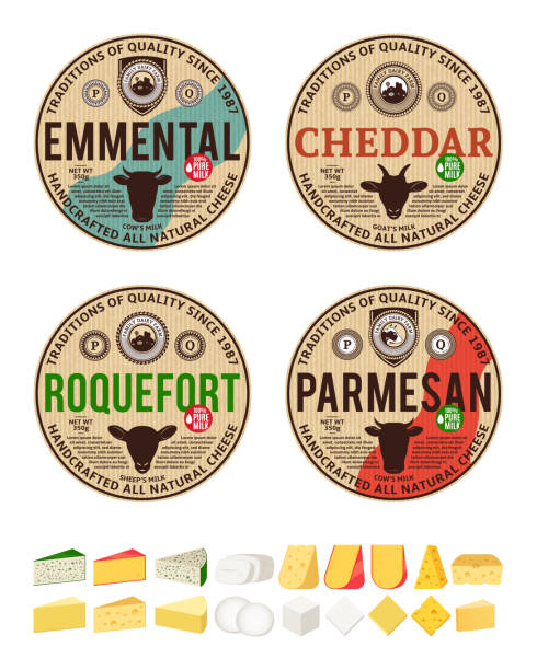 ilustrações de stock, clip art, desenhos animados e ícones de vector vintage cheese round labels and different types of cheese detailed icons - dairy farm dairy product emmental cheese cheese