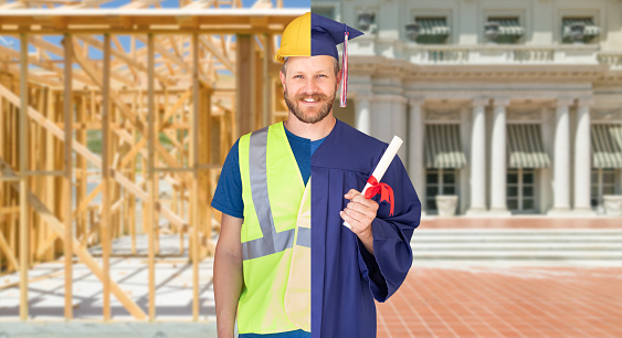 Split Screen Male Graduate In Cap and Gown to Engineer in Hard Hat Concept.