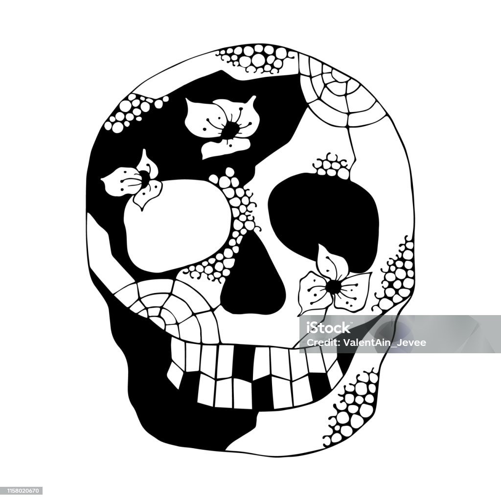 Vector hand drawn black white illustration of smiling skull with flowers, spider web, tooth, face of human Print horror for t shirt. Mexican style, day of the dead, halloween. Sketch, doodle drawing. Abstract stock vector