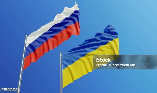 Russian And Ukrainian Flags Waving With Wind Stock Photo - Download Image Now - Ukraine, Russia, Ukrainian Flag