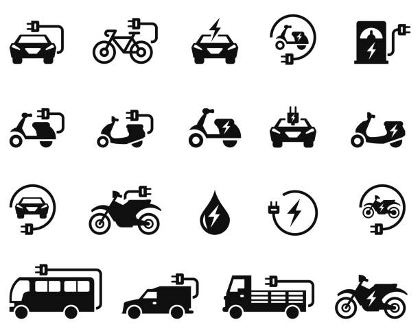 illustrazioni stock, clip art, cartoni animati e icone di tendenza di set di icone per auto elettriche - bicicletta elettrica