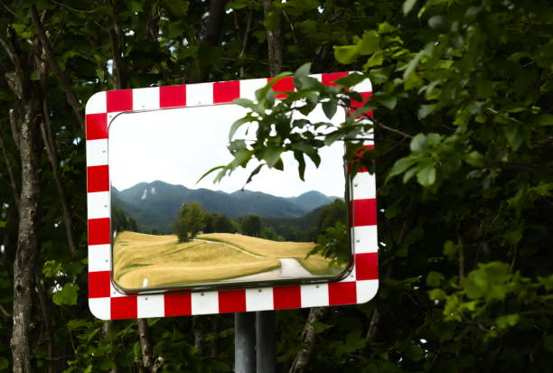 Reflection of Rural Landscape in Mirror positioned Next the Road