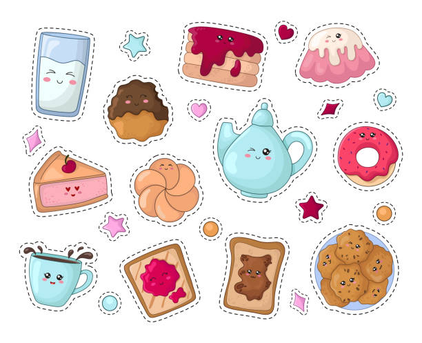 ilustrações de stock, clip art, desenhos animados e ícones de kawaii food collection - toast coffee