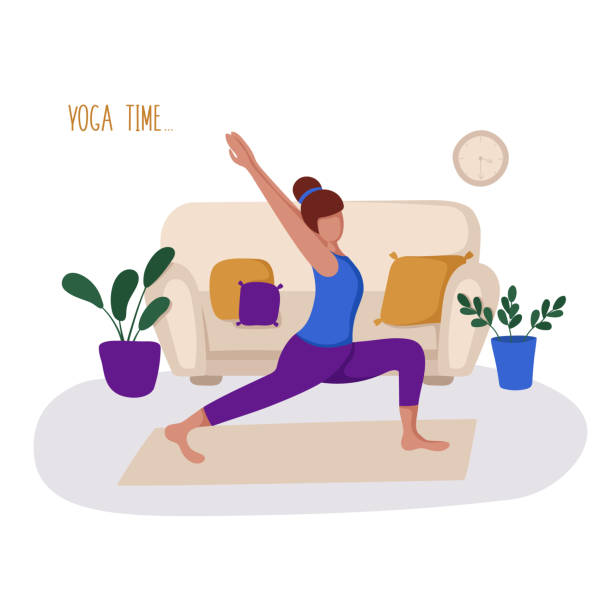 People Hobby Concept Girl or woman and her hobby or daily activity - yoga, training and meditation on mat in cozy room. Cute female character is resting and relaxing at home, doing exercises. Flat style, vector meditation room stock illustrations