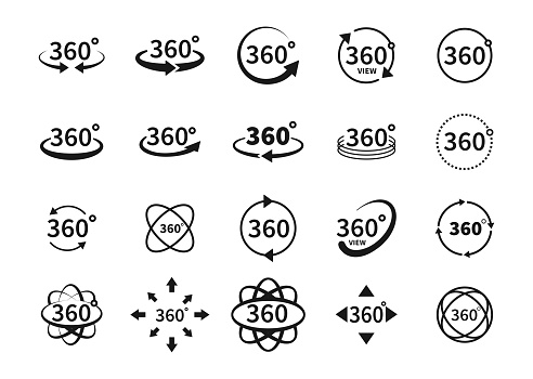 360 degree views of vector circle icons isolated from the background. Signs with arrows to indicate the rotation or panoramas to 360 degrees. Vector illustration