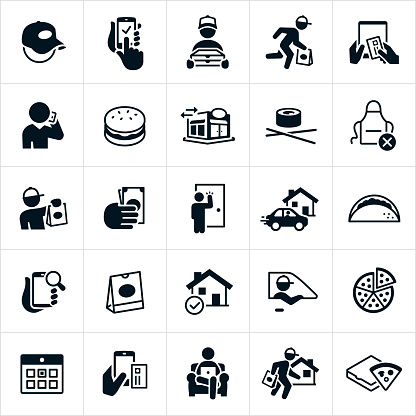 A set of icons representing the industry of the ever increasing popularity of take out food delivery. The icons include delivery men, take out, ordering from smartphone, searching on smartphone, fast delivery, ordering with credit card, ordering over the phone, hamburger, taco, pizza, fast food, restaurant, sushi, delivery, tip, delivery person knocking on door, food bag, home delivery, calendar and a person ordering food from comforts of a couch just to name a few.