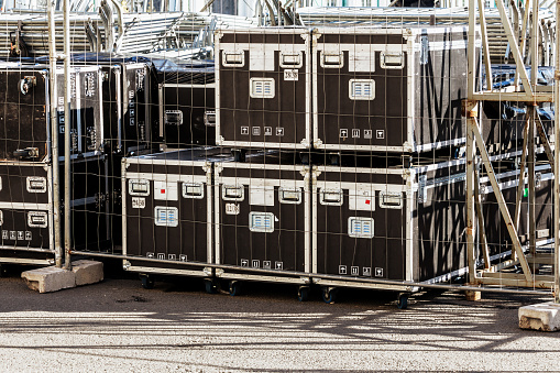 black boxes for transportation and storage of concert equipment