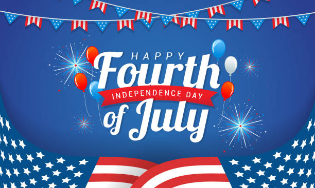 ilustrações de stock, clip art, desenhos animados e ícones de happy 4th of july, usa independence day greeting card vector design. american bunting garland and flag on blue background - usa independence day fourth of july flag