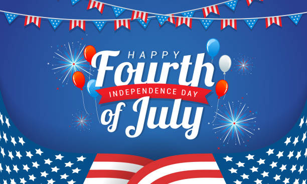 Happy 4th of July, USA Independence Day greeting card vector design. American bunting garland and flag on blue background Happy 4th of July, USA Independence Day greeting card vector design. American bunting garland and flag on blue background independence day holiday stock illustrations