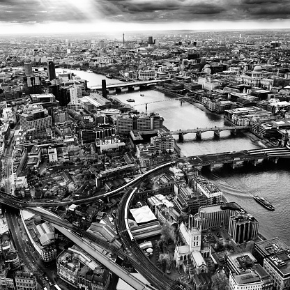 London Cityscape and Thames river at sunset. UK. Aerial view