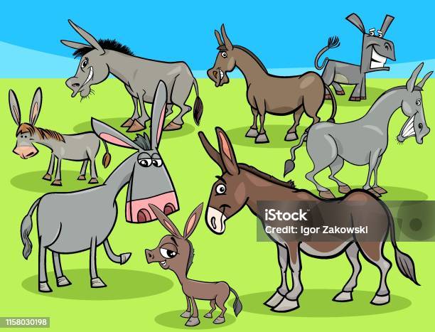 Drôle Ânes Dessin Animé Groupe Danimaux De Ferme Vecteurs libres de droits et plus d'images vectorielles de Arranger - Arranger, Bande dessinée, Baudet