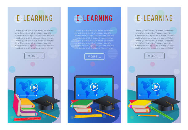 istock Set of e-learning sale discount banner for online courses or education, with stack of books, tablet, ruler and graduation cap. Design template for school supplies shopping promotion, retail marketing 1158031536