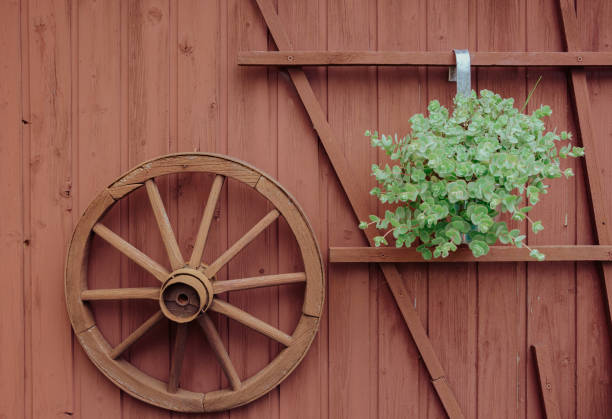 Rough wood barn stall with closed door and wagon wheel.