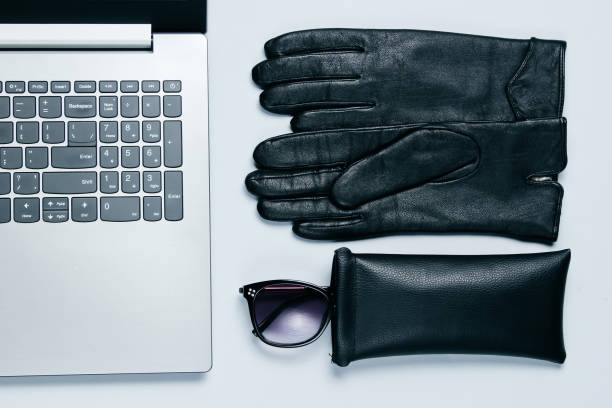 istock Modern laptop, women's accessories on gray background. Top view. Flat lay 1158033359