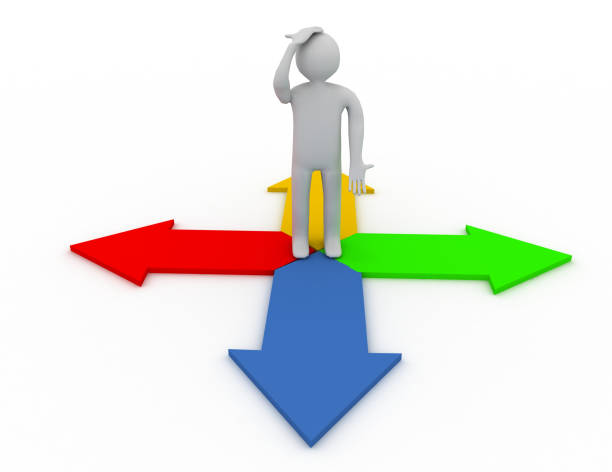 istock 3d  person in a thoughtful pose standing on  arrows. 1158033382