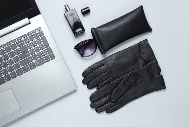 istock Modern laptop, women's accessories on gray background. Top view 1158033398