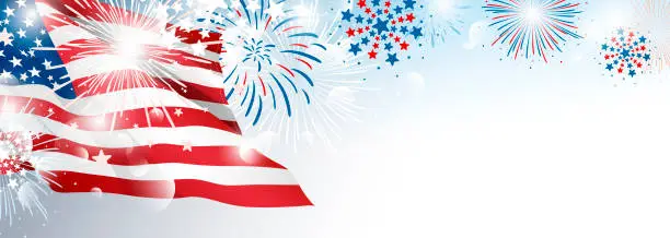 Vector illustration of 4th of july USA Independence day banner background design of American flag with fireworks vector illustration