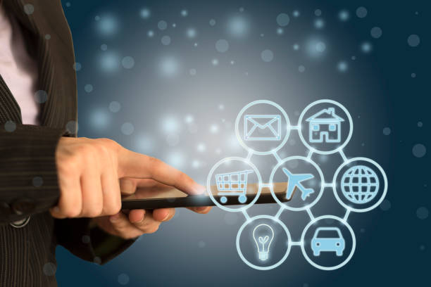 istock Digital marketing SEO search engine optimization via omnichannel communication network icon on computer software application development and online mobile smart device app technology 1158037178