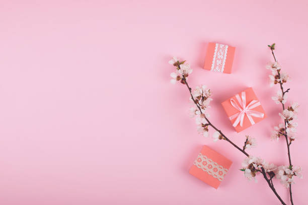 istock Flat lay with pink gift boxes and blooming cherry sakura flowers on pastel background. Birthday gift girl pink background with copy space. 1158037400